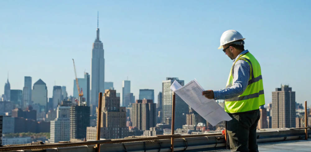 Buy OSHA 10 card. Construction worker in hard hat on Brooklyn jobsite.