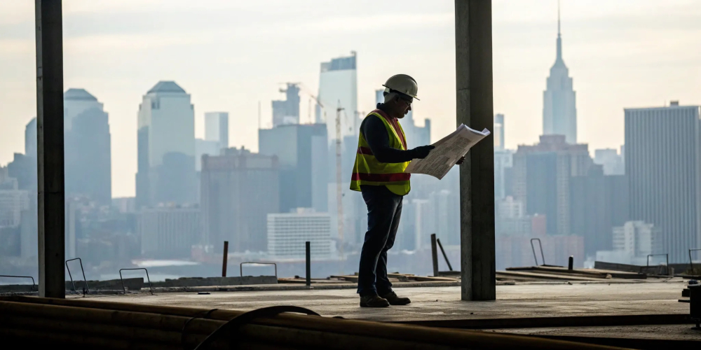 Construction worker in PPE reviews blueprints.
