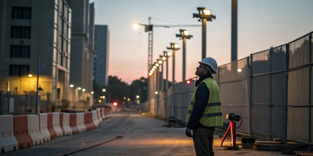 Secure construction site with perimeter fencing at dusk.