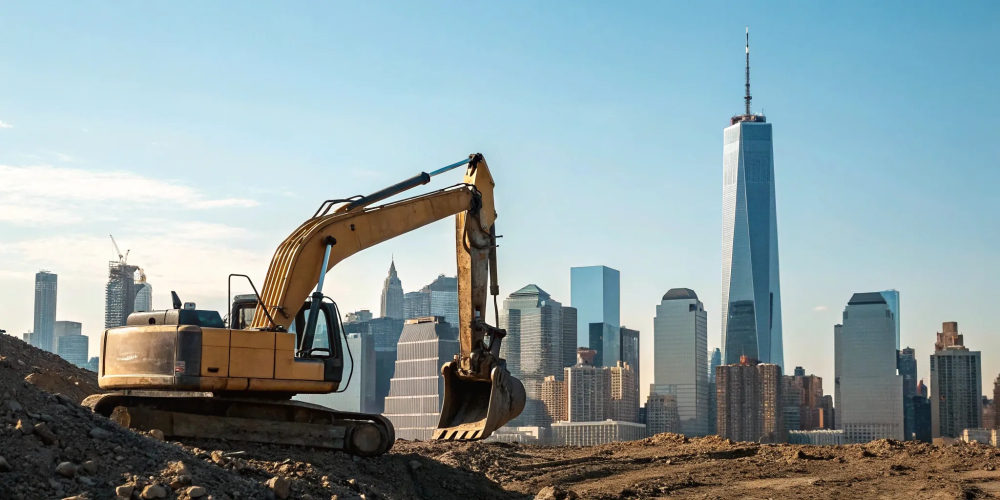 Heavy equipment operator controlling excavator on urban construction site.