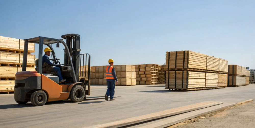 Forklift truck operator in safety gear during training.