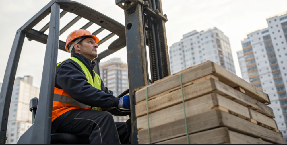 Forklift operator with lumber load. Certified forklift training keeps workplaces safe.