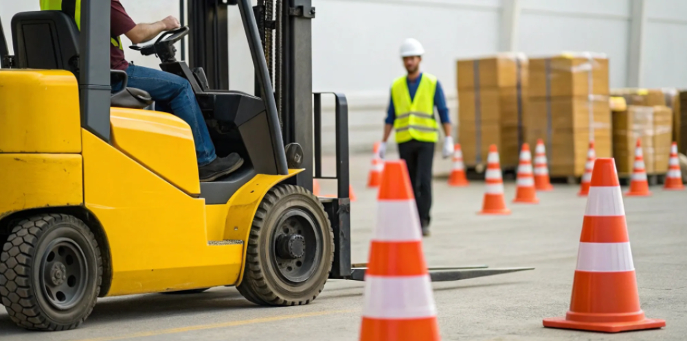 Forklift training exercise with safety cones.