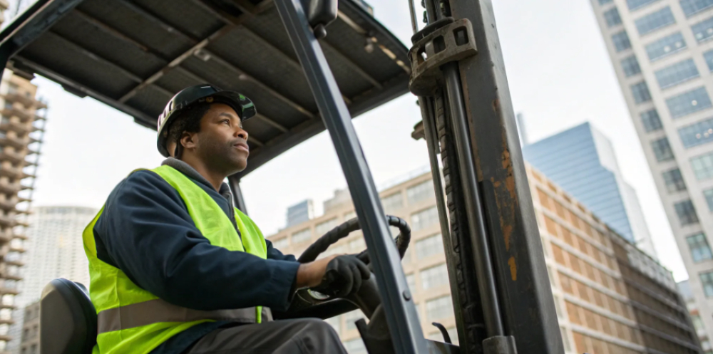 Forklift operator with safety vest and helmet.