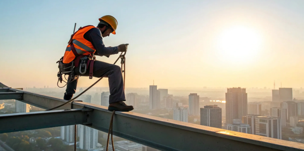Worker on steel beam wearing fall protection harness.