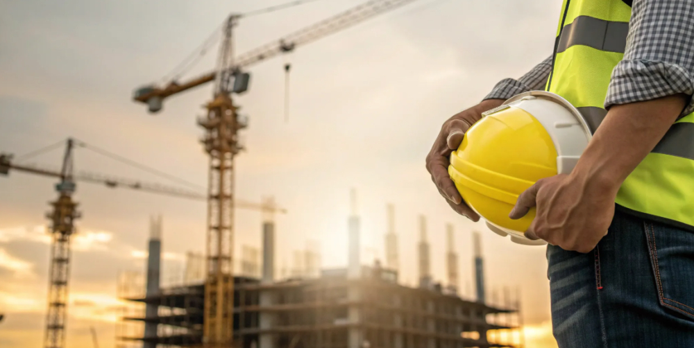 Concrete safety manager with hard hat.