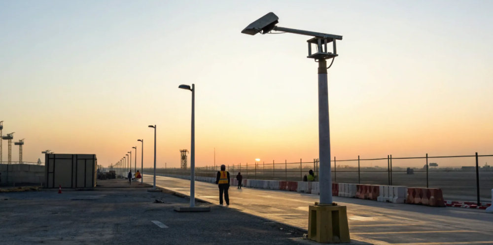 Secure construction site with perimeter fencing and lighting.