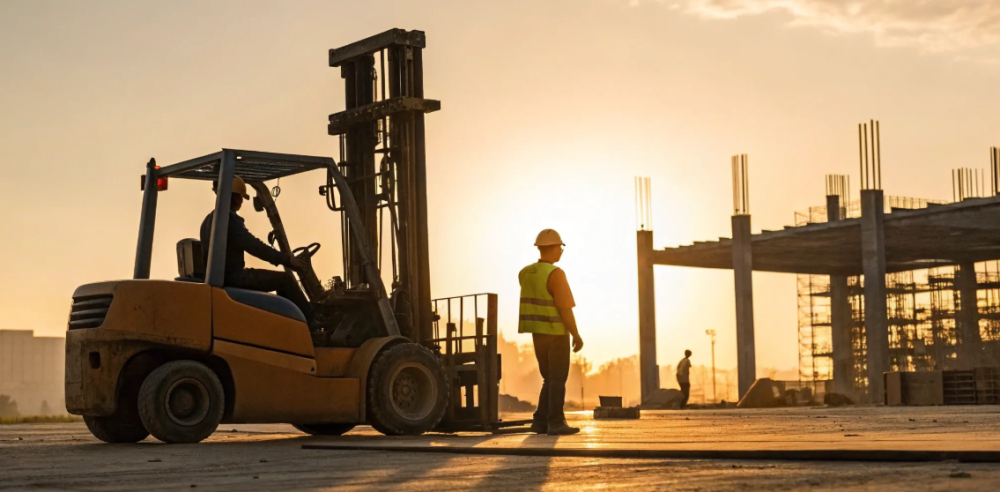 Forklift operator wearing safety vest and helmet.