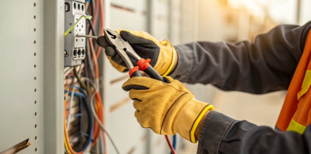 Electrical worker using pliers on panel during safety training.
