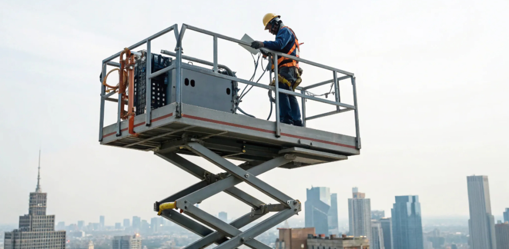 Scissor lift operator wearing PPE.