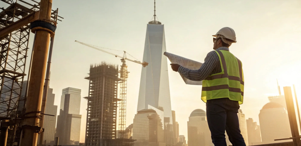 Construction safety manager reviews blueprints at job site.