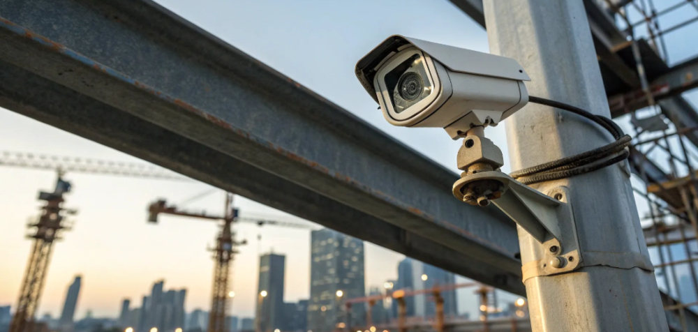 Construction site security camera overlooking city skyline.