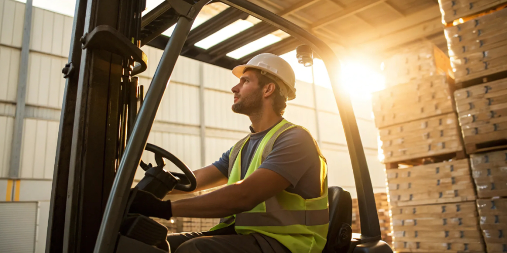 Forklift operator in safety gear.