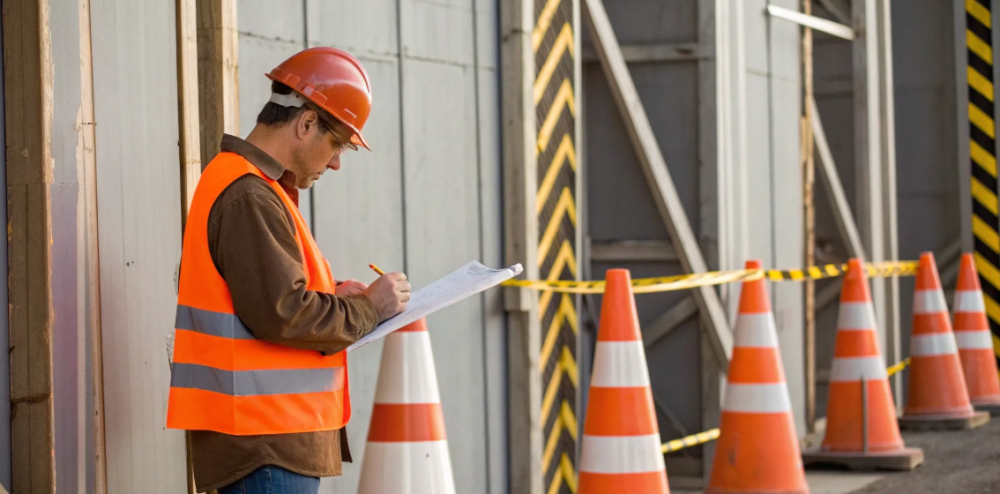 Construction worker reviews site safety documents.