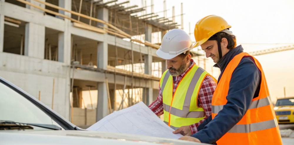 Construction workers assess job site risks.