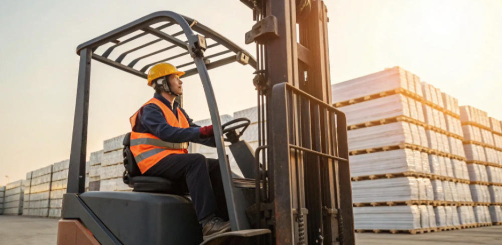 Forklift operator wearing safety gear.