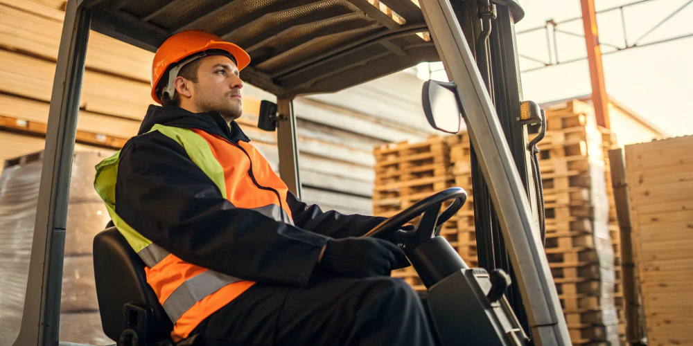 Worker operating a forklift during the hands-on portion of a forklift certification test.