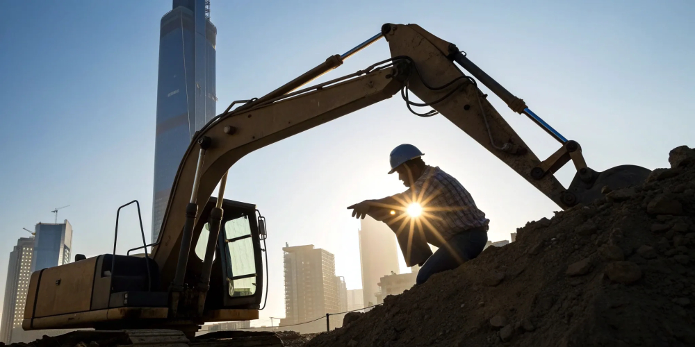 Trained construction operator reviewing plans next to heavy equipment.