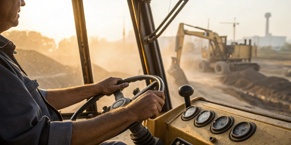 A certified heavy equipment operator driving machinery on a construction site.