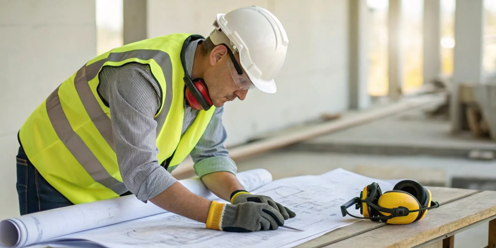 Construction worker on site reviewing a safety plan.