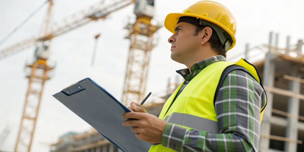Construction worker planning safety meeting topics on a clipboard.