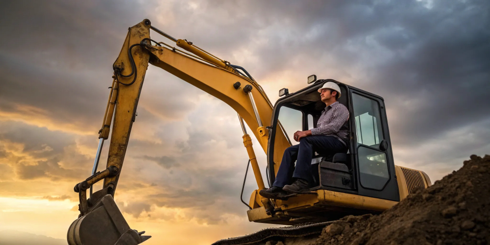 A student from a heavy equipment operator course practices on an excavator at a training site.