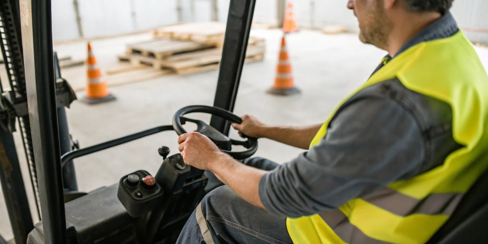 Certified operator driving a forklift in a warehouse, meeting OSHA certification requirements.