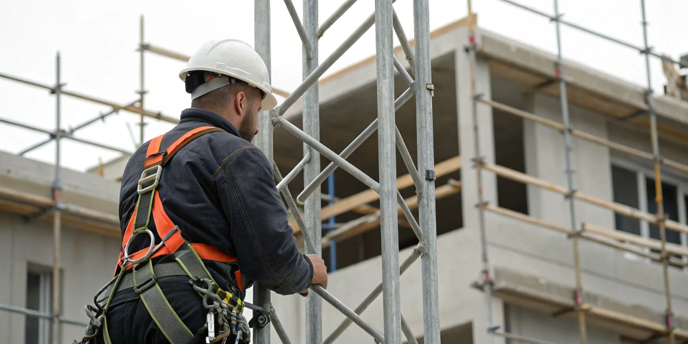 A worker applies scaffolding safety training by wearing a harness and helmet on a scaffold.