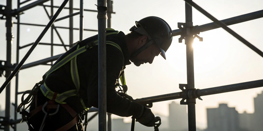 A worker on a scaffold practices safety procedures during training.