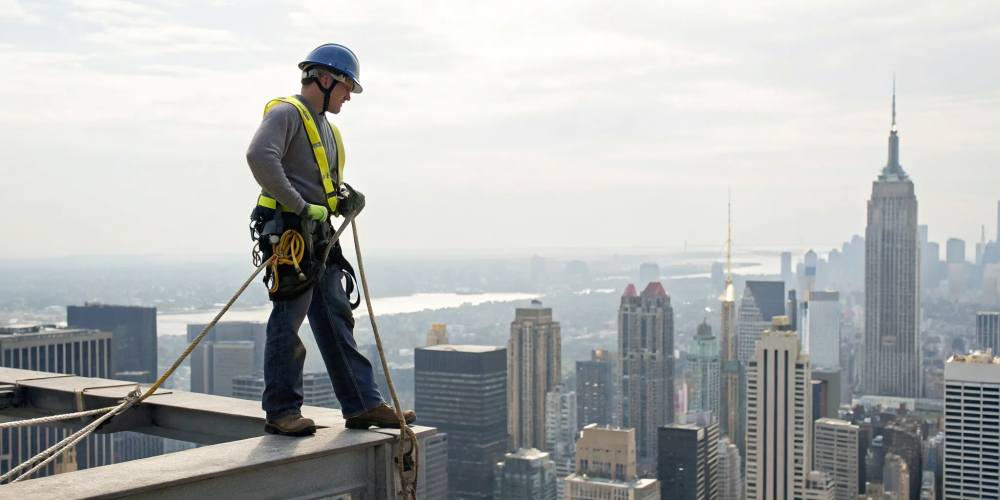 A competent person in fall protection gear oversees a worksite after completing their training.
