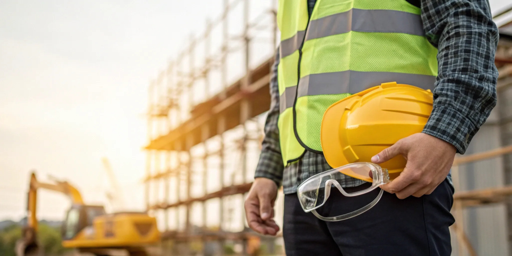 A worker with safety gear on a job site after completing 40-hour HAZWOPER training.