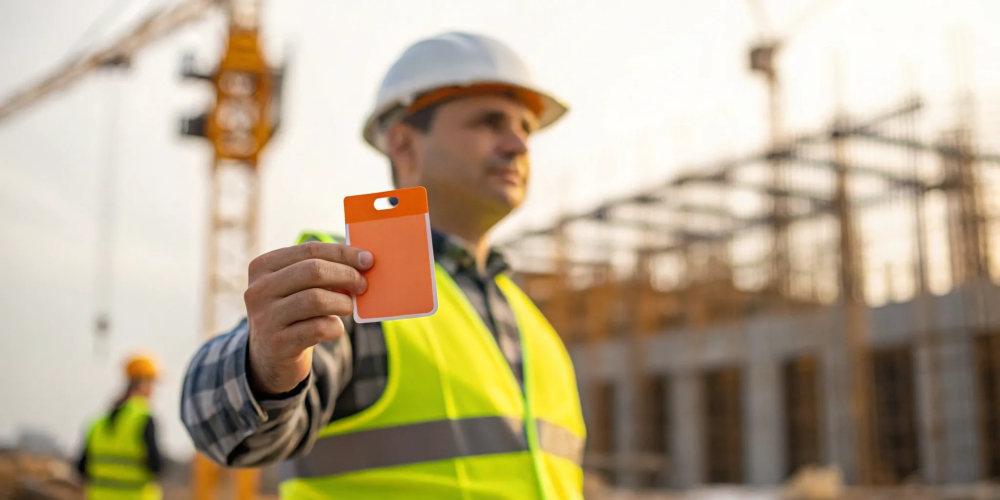Worker in a hard hat holding a forklift certification card.