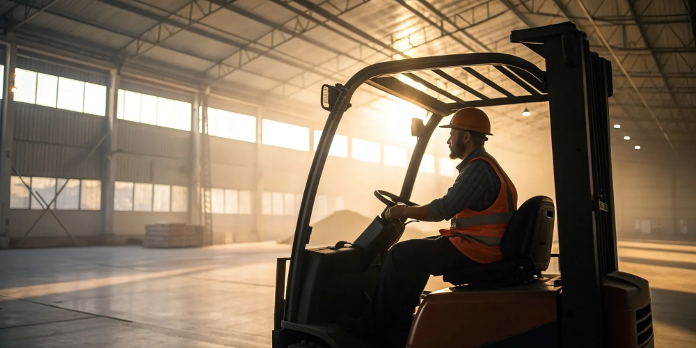 A worker with forklift certification safely operating a forklift in a warehouse.