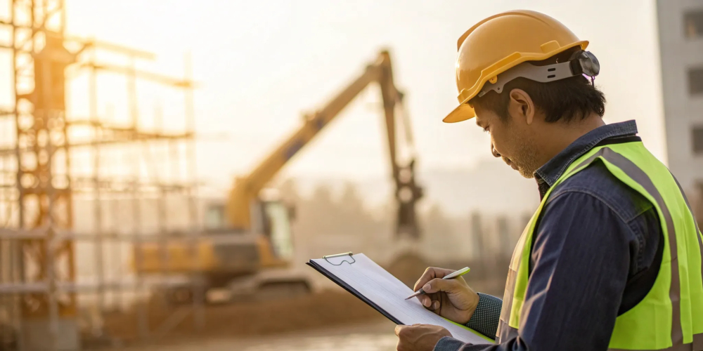 Construction worker in a hard hat and vest completing a safety checklist.