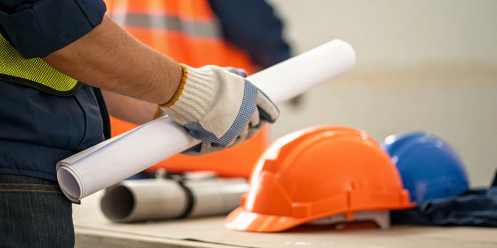 A construction worker reviews an emergency action plan during a safety training meeting.