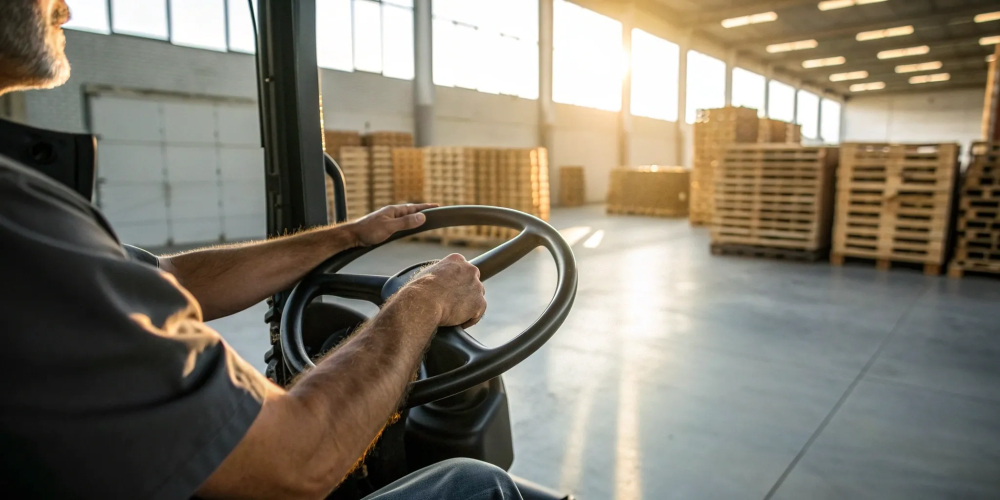 Worker operating a forklift after completing training to get a certificate.