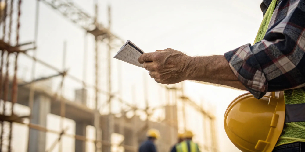 Construction worker checking the expiration date on his OSHA 10 card.