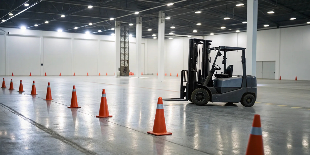 Forklift navigating a safety cone course as part of certification training.
