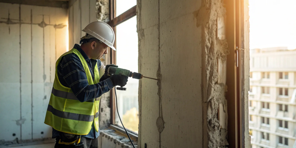 A professional with lead-based paint certification safely drilling into a wall.