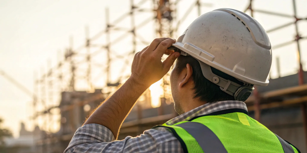 Construction worker in personal protective equipment after completing safety training.