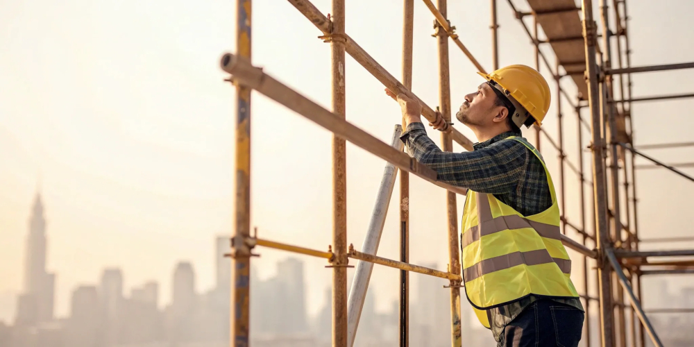 Competent person inspecting scaffolding for OSHA requirements.