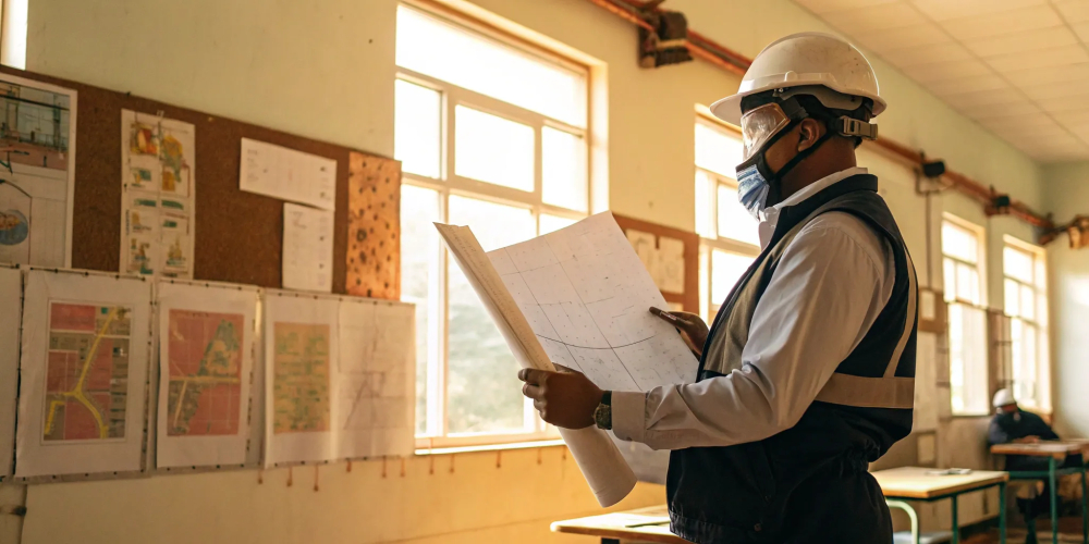 Construction worker in safety gear reviews blueprints at an OSHA education center.