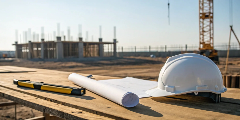 OSHA 30 training materials with a hard hat and blueprints on a table at a construction site.