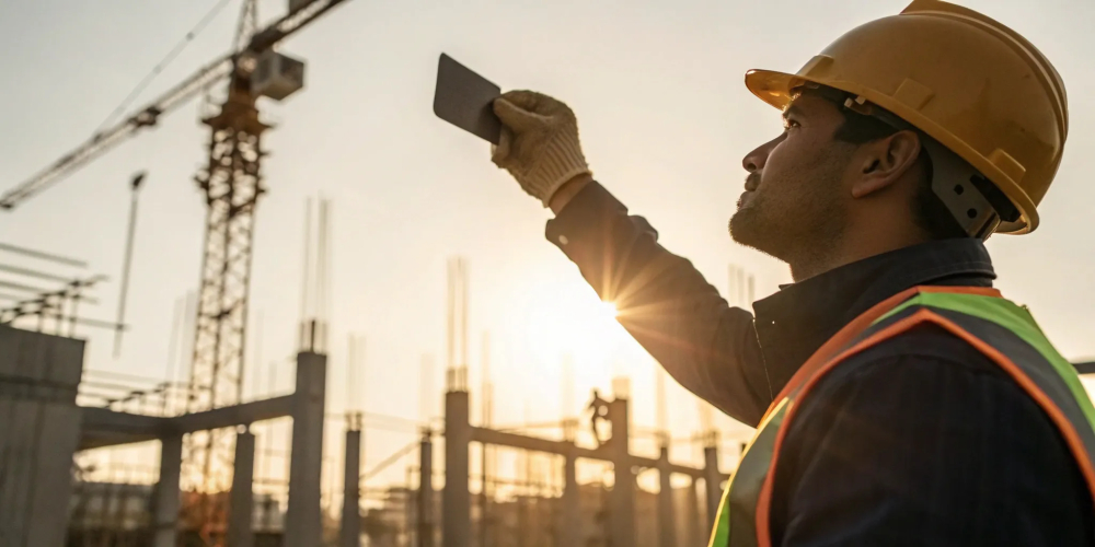 Construction worker holding an OSHA 30 card on a job site.
