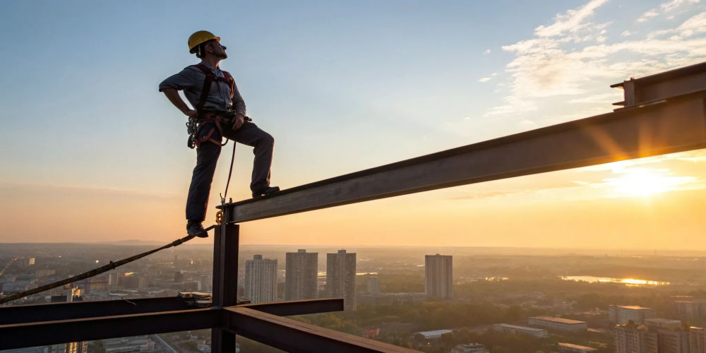 A worker demonstrating proper fall protection on a beam, a result of online training.