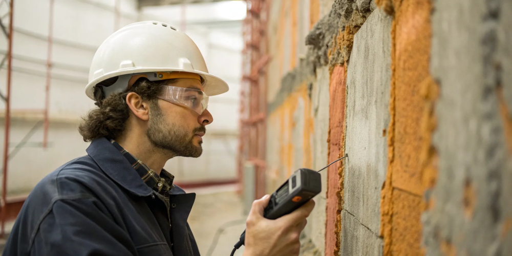Construction worker testing a wall for lead as part of OSHA lead awareness training.