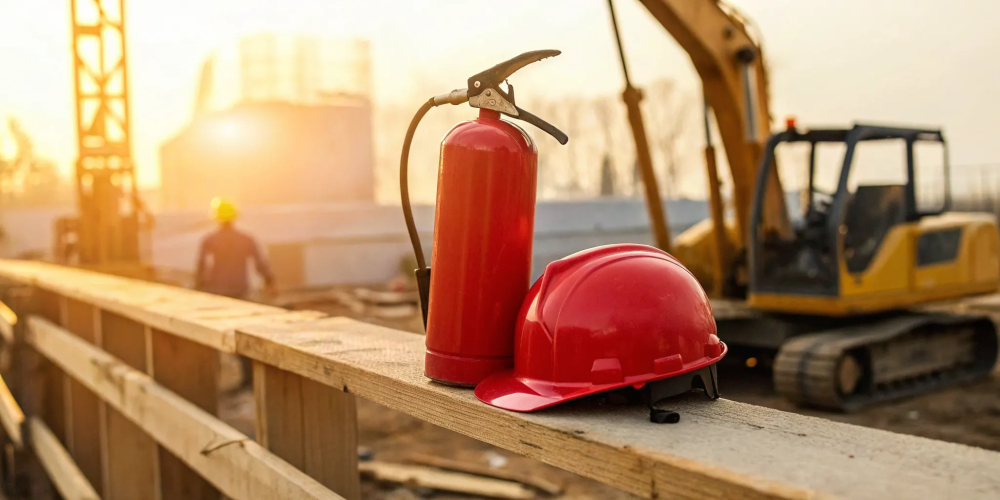Fire extinguisher and hard hat on a construction site for fire prevention.