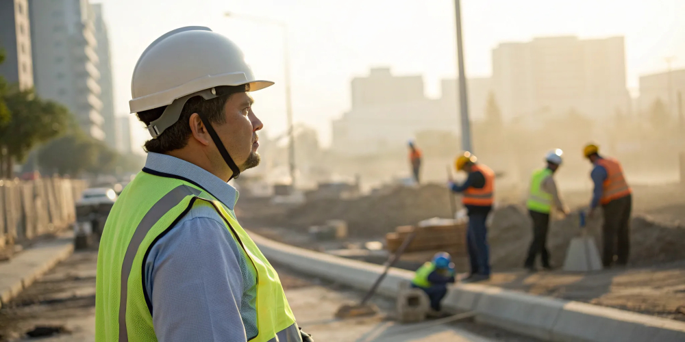A construction safety officer applying skills from a safety course to lead workers on site.