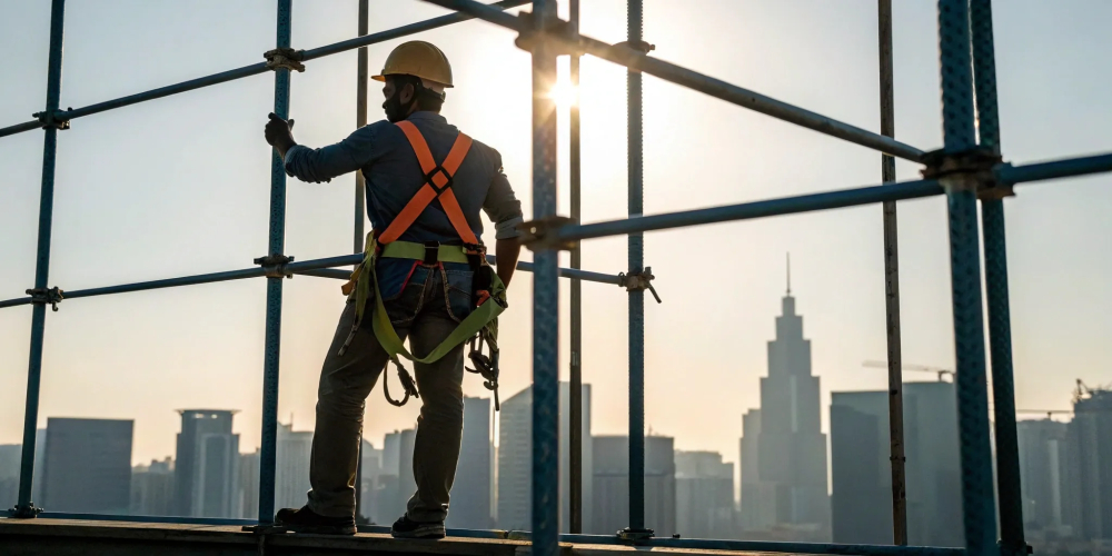 A worker on a scaffold demonstrates proper safety for a training video.