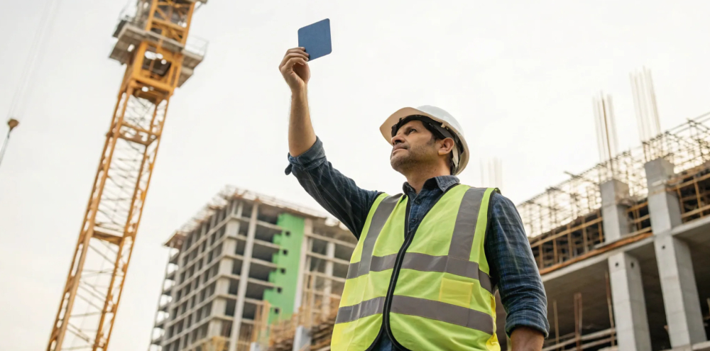 OSHA 10 card in construction worker's hand.